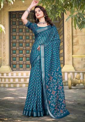Teal printed saree with woven border 1