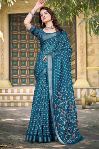 Teal printed saree with woven border