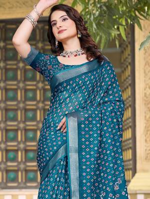 Teal printed saree with woven border 3