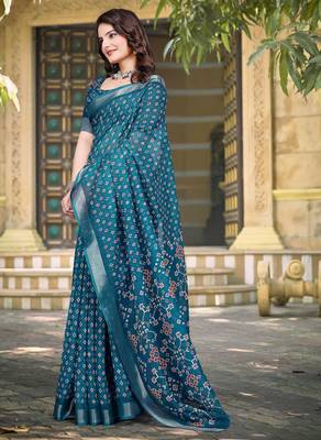 Teal printed saree with woven border 4