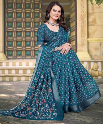 Teal printed saree with woven border 5