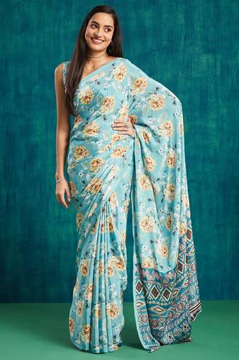 Blue crepe digital printed ready to wear saree