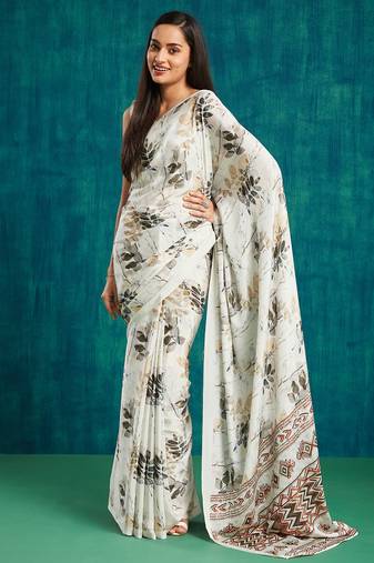 Cream crepe digital printed ready to wear saree