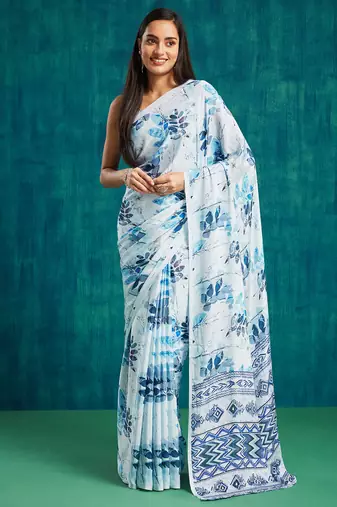 Blue crepe digital printed ready to wear saree
