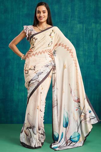 Cream crepe digital printed ready to wear saree
