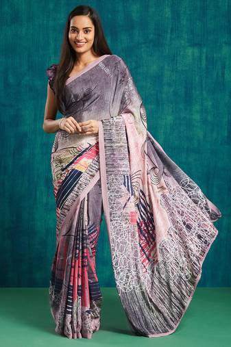 Peach crepe digital printed ready to wear saree