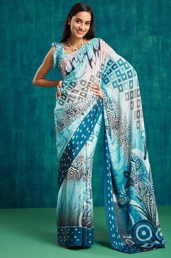 Blue crepe digital printed ready to wear saree