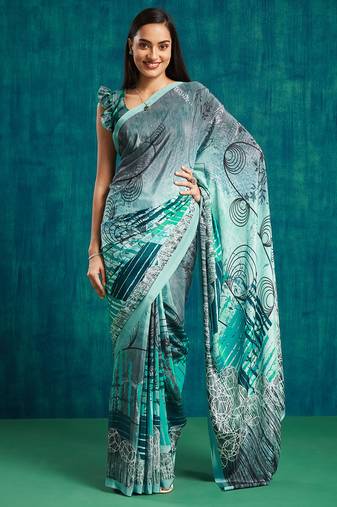 Green crepe printed ready to wear saree