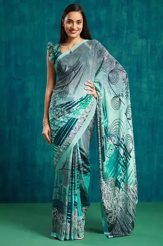 Green crepe printed ready to wear saree