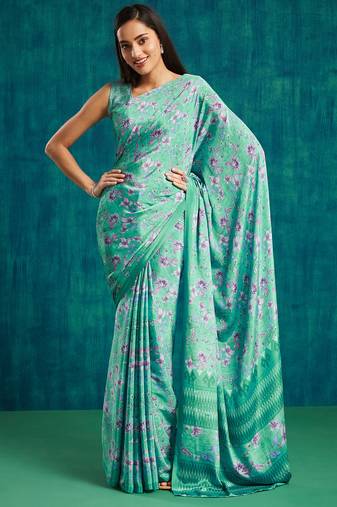Green crepe printed ready to wear saree