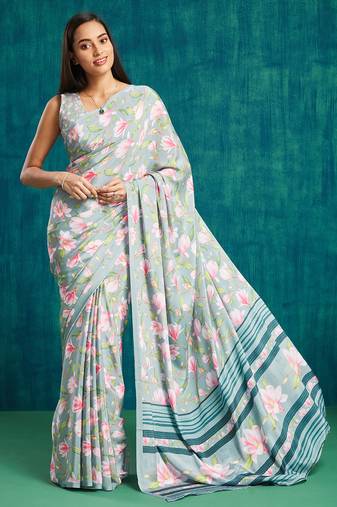 Grey crepe printed ready to wear saree