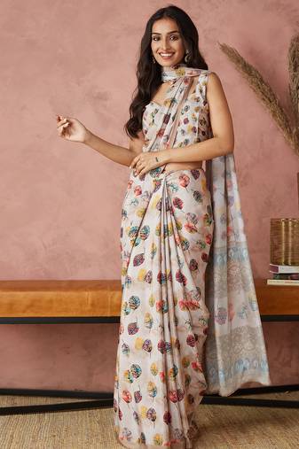 Cream crepe printed ready to wear saree