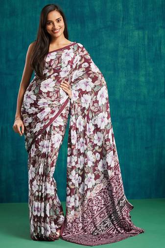 Maroon crepe printed ready to wear saree