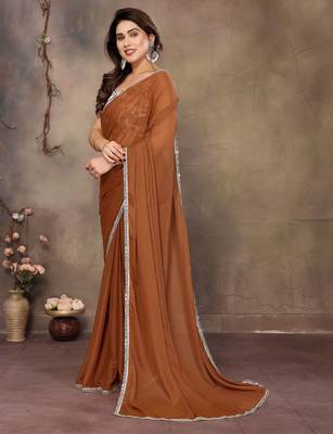 Brown georgette solid saree 4