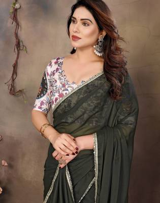Green georgette solid saree 3