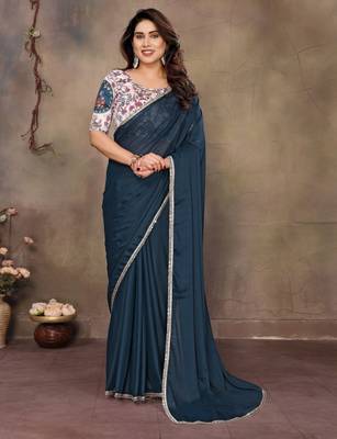 Teal blue georgette solid saree 1