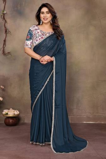 Teal blue georgette solid saree