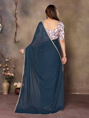 Teal blue georgette solid saree 2