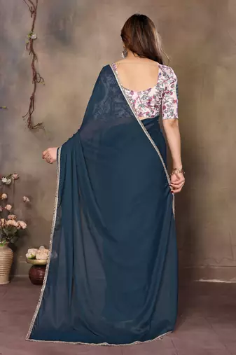 Teal blue georgette solid saree