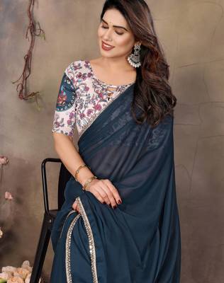 Teal blue georgette solid saree 3