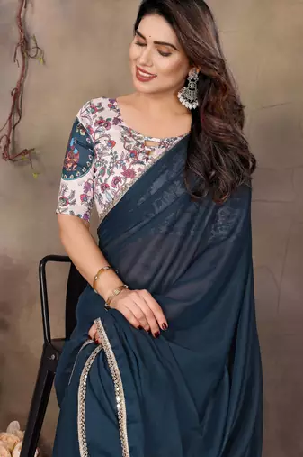 Teal blue georgette solid saree