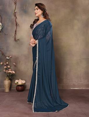 Teal blue georgette solid saree 4