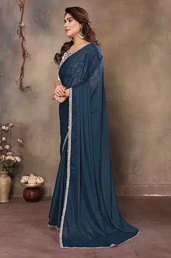 Teal blue georgette solid saree
