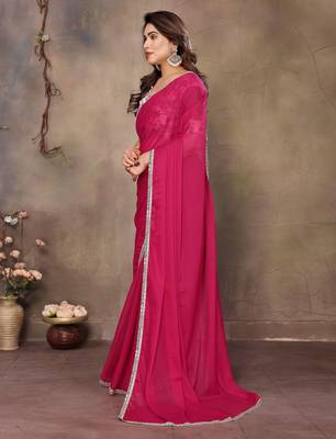 Pink georgette solid saree 4
