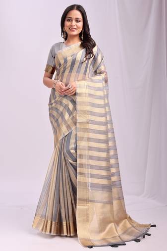 Grey organza woven patta saree