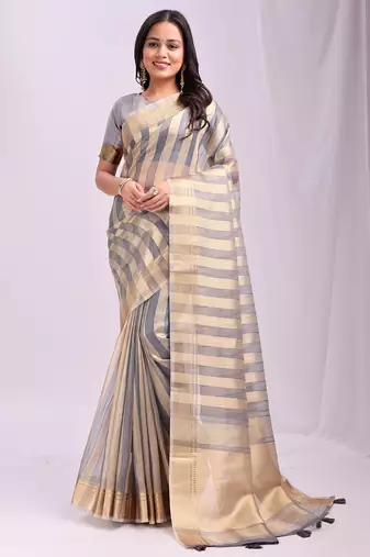 Grey organza woven patta saree
