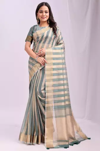 Green organza woven patta saree