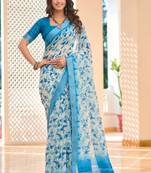Teal blue printed linen cotton saree