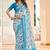 Teal blue printed linen cotton saree