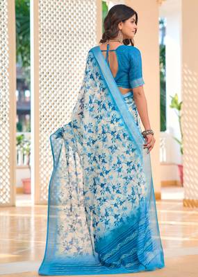Teal blue printed linen cotton saree 2