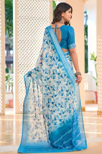Teal blue printed linen cotton saree