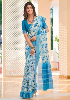 Teal blue printed linen cotton saree 4