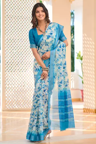 Teal blue printed linen cotton saree