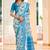 Teal blue printed linen cotton saree