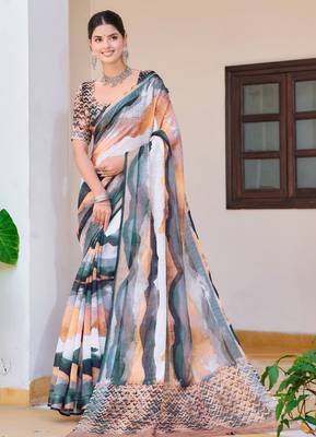 Multi printed linen cotton saree 1