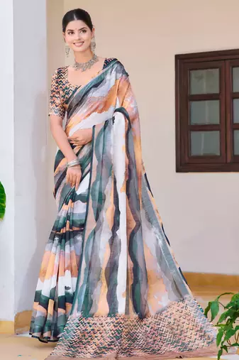 Multi printed linen cotton saree