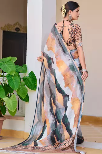 Multi printed linen cotton saree