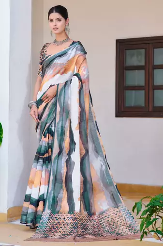Multi printed linen cotton saree