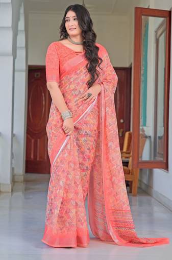 Pink printed linen cotton saree