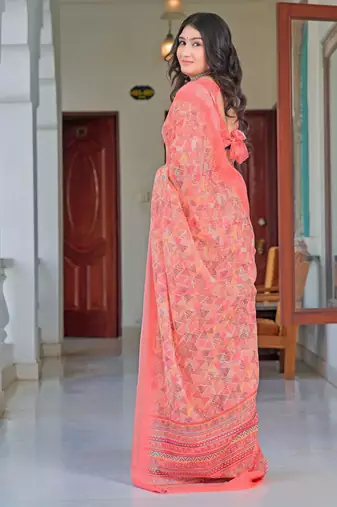 Pink printed linen cotton saree