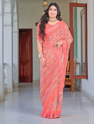 Pink printed linen cotton saree 5