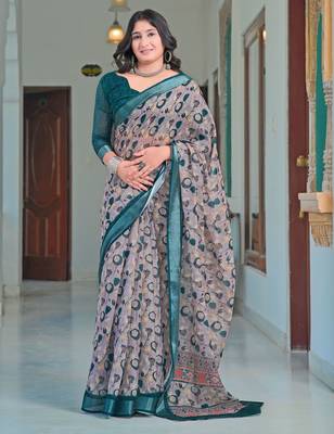 Grey printed linen cotton saree 1