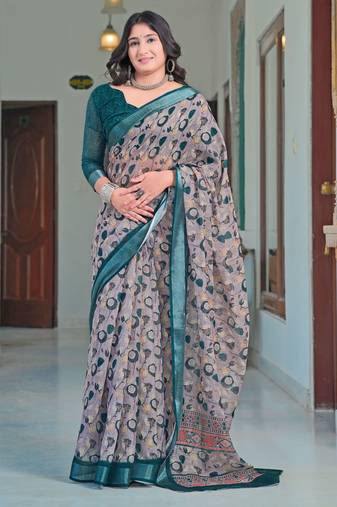 Grey printed linen cotton saree