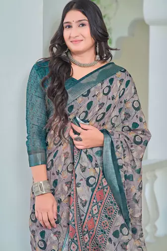 Grey printed linen cotton saree