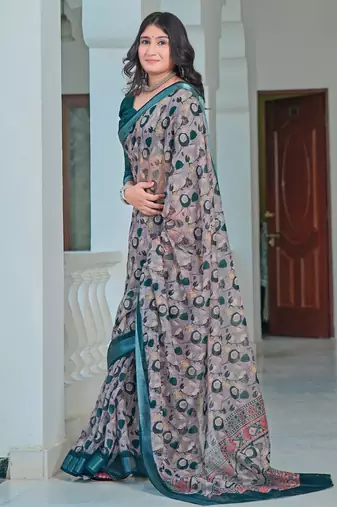 Grey printed linen cotton saree