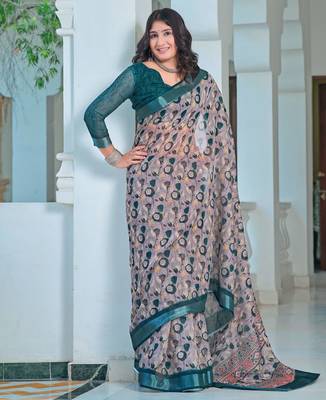 Grey printed linen cotton saree 5